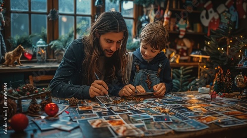 Parents and kids are creating a holiday scrapbook together at a kitchen table filled