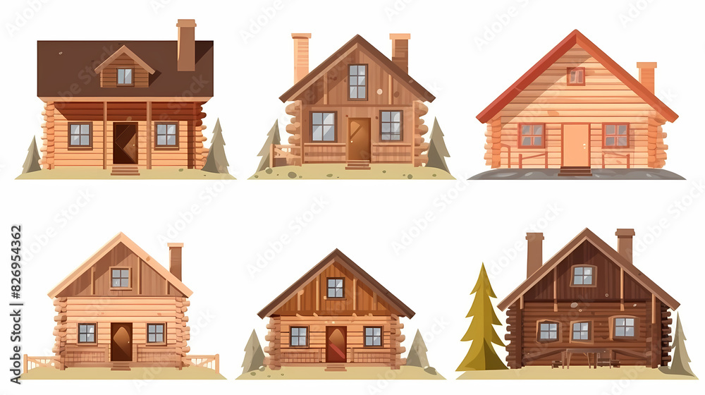 Cabins, wooden houses in forest, mountain village or camp. Small log cottages, huts with chimney, porch and stairs isolated on white background Cabins, wooden houses in forest, mountain village or camp. Small log cottages, huts with chimney, porch and stairs isolated on white background