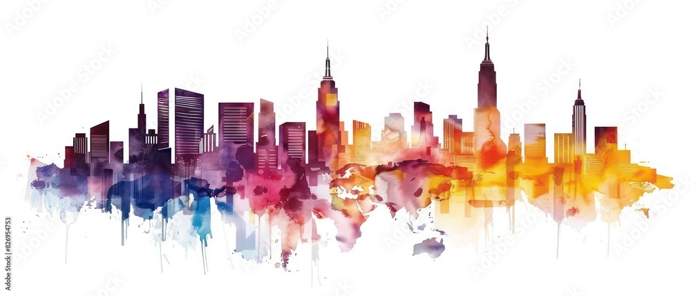 cityscapes of the world in colorful Illustration on a white background