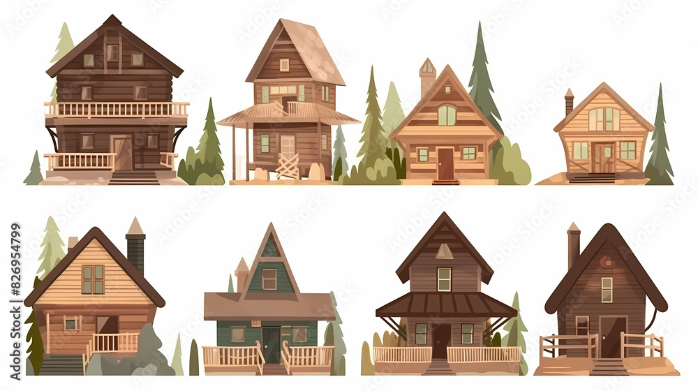 Cabins, wooden houses in forest, mountain village or camp. Small log cottages, huts with chimney, porch and stairs isolated on white background Cabins, wooden houses in forest, mountain village or camp. Small log cottages, huts with chimney, porch and stairs isolated on white background