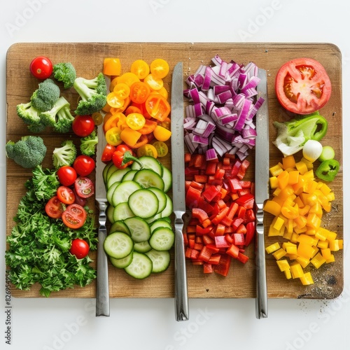 A colorful array of fresh vegetables arranged on a cutting board  ready to be chopped and cooked into a delicious meal isolated on white background 