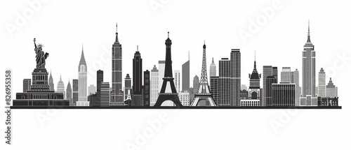 cityscapes of the world in monochrome Illustration on a white background  