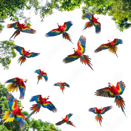 A colorful flock of parrots flying through the rainforest canopy, their squawks echoing through the trees isolated on white background 