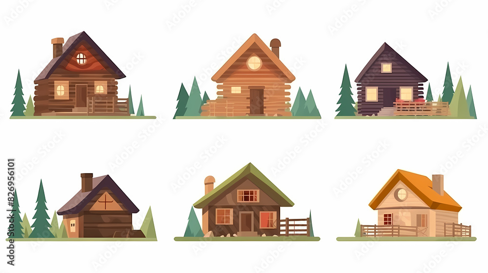 Cabins, wooden houses in forest, mountain village or camp. Small log cottages, huts with chimney, porch and stairs isolated on white background Cabins, wooden houses in forest, mountain village or camp. Small log cottages, huts with chimney, porch and stairs isolated on white background