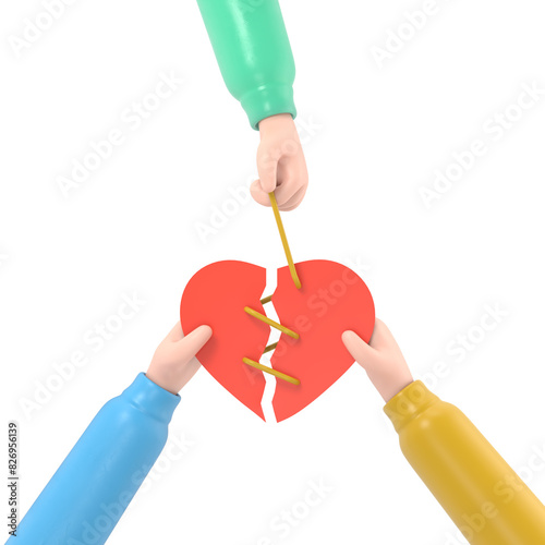 Reconciliation concept. Cupid couple reconciles, rope connecting a broken heart. Restore love. Abstract illustration flat design.Red broken heart in hands men and women.3D rendering. photo