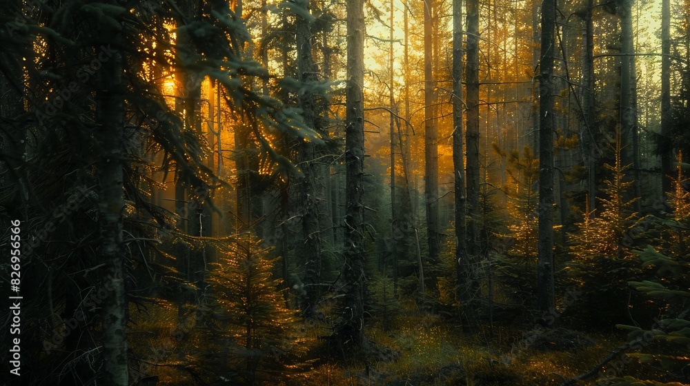 Fototapeta premium Realistic photography of coniferous forest. Abstract background of a northern forest