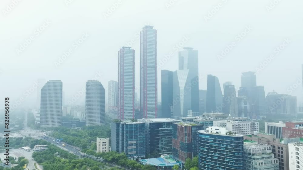 Drone View of Seoul city in South Korea, Sunset in Yeouido Financial District, Summer Drone View of Seoul city in South Korea, Sunset in Yeouido Financial District, Summer