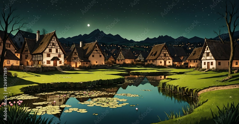 Fototapeta premium town homes on river lake water with lily pads and mountains under night sky and moon. village houses on the pond in the forest nature. 