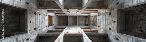 A concrete ceiling with a raw, unfinished look, displaying the patterns left by wooden formwork used during casting, blacklight effect