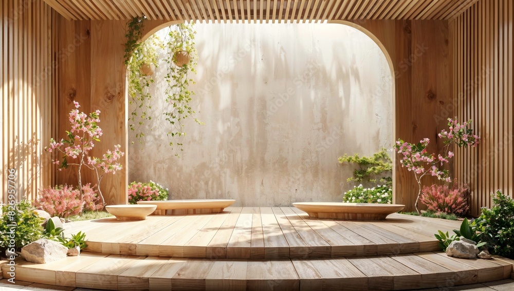 Sustainable timber beauty podium with floral accents, 3D rendering Sustainable timber beauty podium with floral accents, 3D rendering