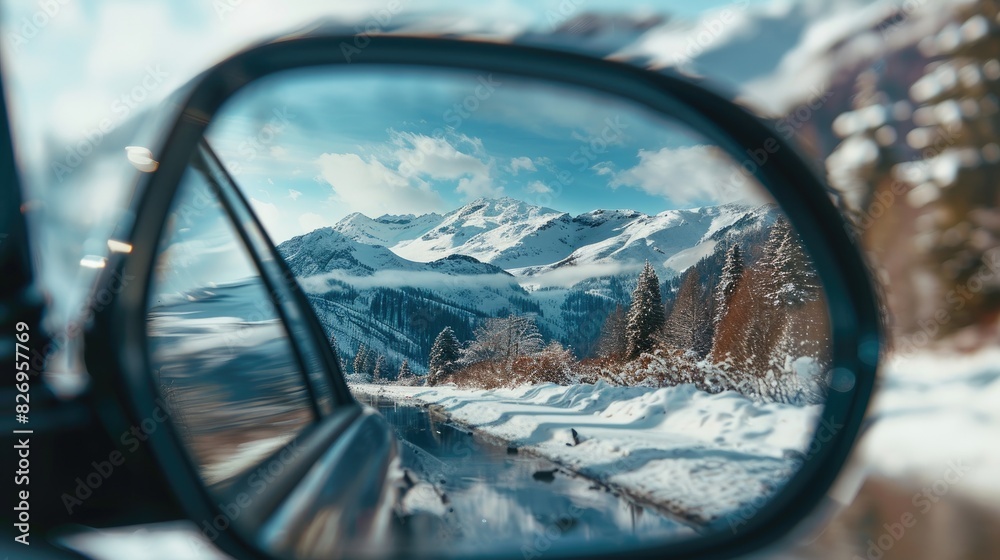 Past reflection in winter mountains seen through a car s passenger side mirror Past reflection in winter mountains seen through a car s passenger side mirror
