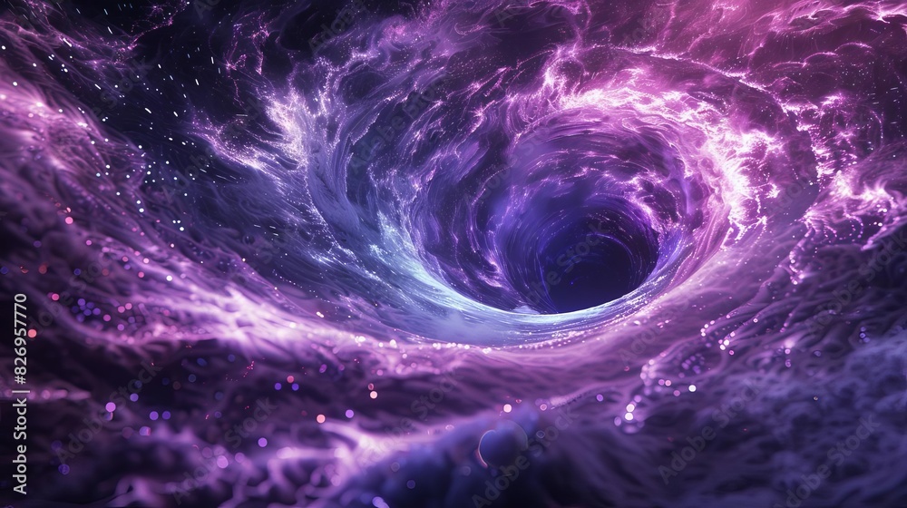 A digital visualization of a black hole vortex, with streams of light spiraling into its dark center, blacklight effect