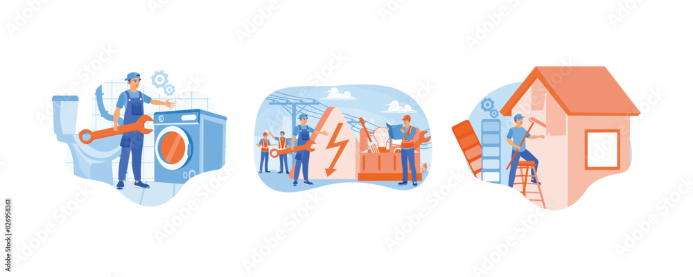 Plumbers repair house pipes. Maintenance of electrical energy. The painter paints wall. Home maintenance concept. Set flat vector illustration. Plumbers repair house pipes. Maintenance of electrical energy. The painter paints wall. Home maintenance concept. Set flat vector illustration.