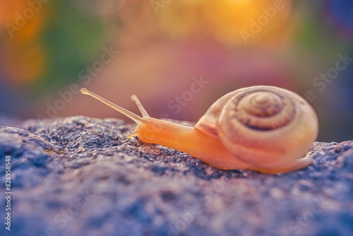 Cute snail in macro on stone on colorful background