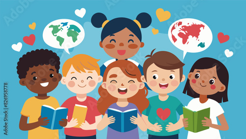 A diverse group of children communicate in a foreign language with the help of a virtual translator bonding over their shared love for learning new. Vector illustration