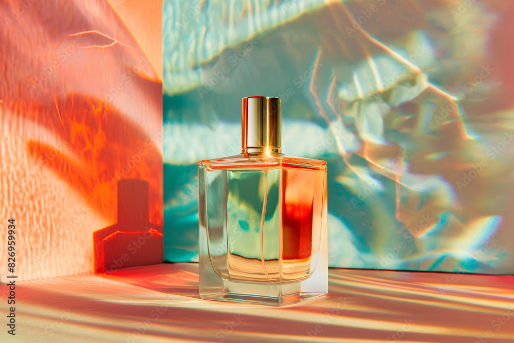 Blank perfume bottle in a sunlight with shadows and reflections on the wall Blank perfume bottle in a sunlight with shadows and reflections on the wall