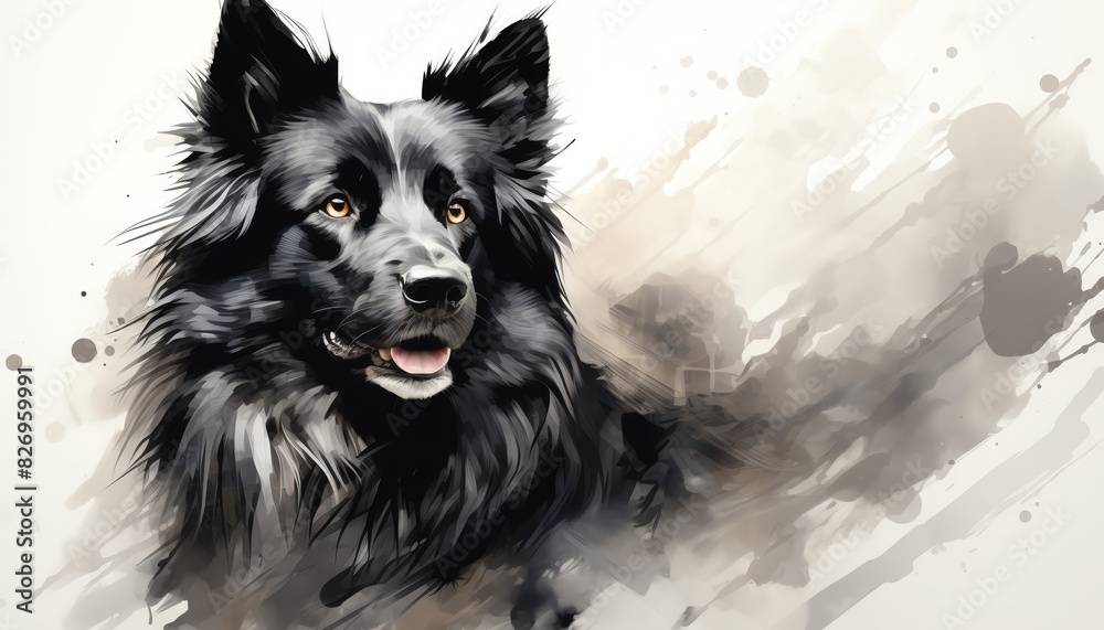 Artistic watercolor painting of a black and white dog, showcasing detailed fur and expressive eyes against a white background. Artistic watercolor painting of a black and white dog, showcasing detailed fur and expressive eyes against a white background.
