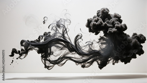 Black and gray smoke or ink swirls against a white background.