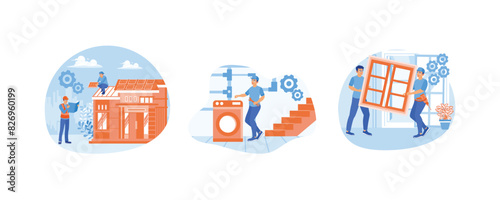 Home maintenance. Basement services. Carpenter replaces and installs house windows. Set flat vector illustration.
