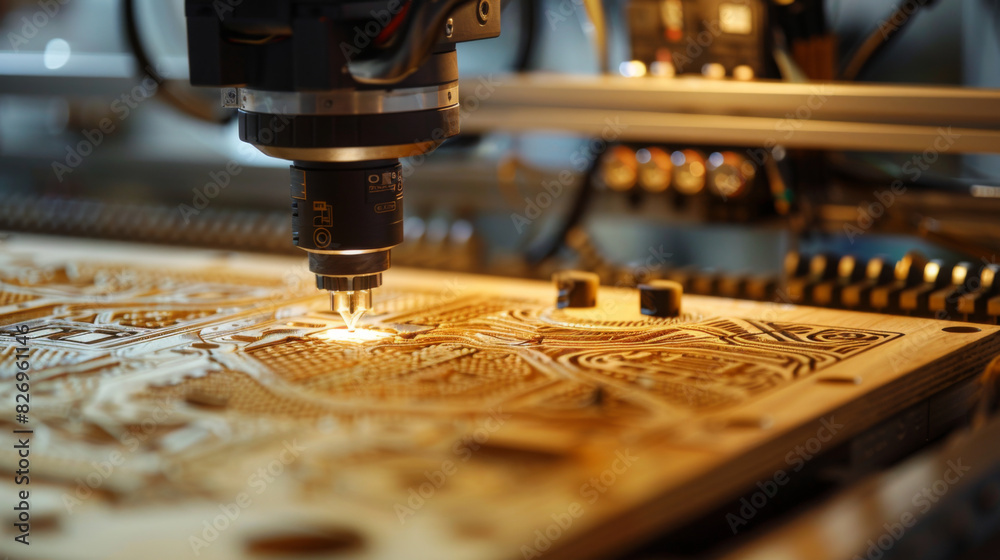 A CNC router in operation, intricately carving detailed patterns into a wooden board.