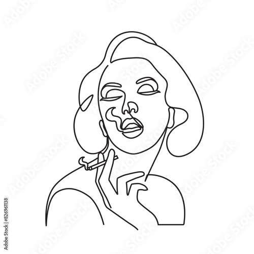 Stylish woman in smoking elegant line art style. Feminine smoke artwork. Lady with cigarette minimal outline drawing.