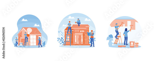 Electrical installation, painting, home finishing work. Foreman and workers repair the roof of a house. Home renovation concept. Set flat vector illustration.