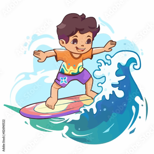 Cute Boy Surfing on Ocean Waves Illustration © foody