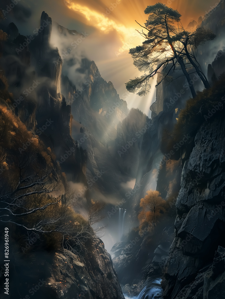 Fototapeta premium mountain landscape with sunset, fantasy nature view. Wall Art Poster Print Design for Home Decor, Decoration Artwork, High Resolution Wallpaper and Background for Computer, Smartphone, Cellphone