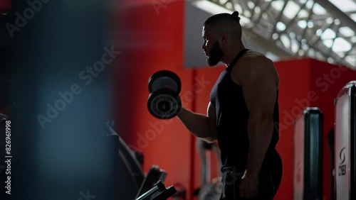Muscular bearded man in black tank top performing bicep curl with dumbbell, silhouetted against gym background with red wall photo