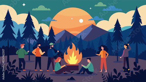 As the last rays of sunlight disappear a team of reforestation volunteers gather around a campfire celebrating their accomplishments and the. Vector illustration