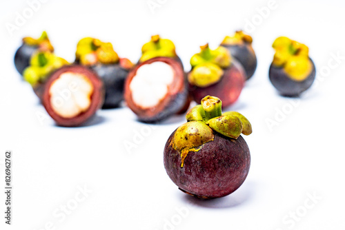 Mangosteen fruit isolated on white background. Mangosteen is known as a fruit that has very high levels of antioxidants. Garcinia mangostana