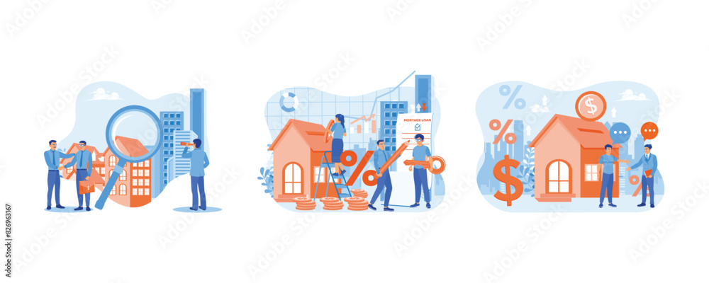 Home selection and search. People invest money in houses. People buy houses with mortgage loans. Real estate business concept. Set flat vector illustration.