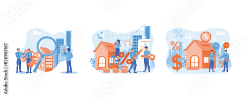 Home selection and search. People invest money in houses. People buy houses with mortgage loans. Real estate business concept. Set flat vector illustration.