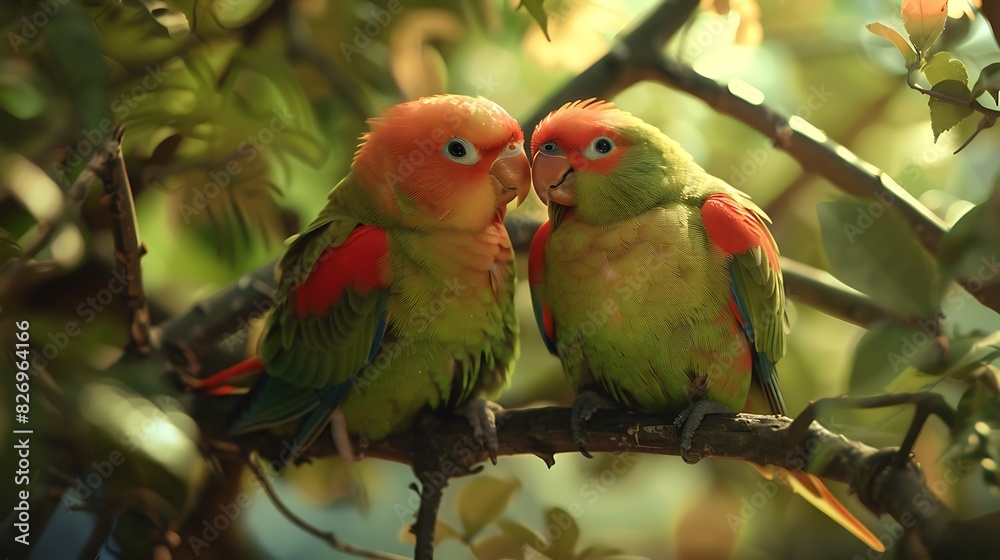 Capture the beauty of a pair of lovebirds perched closely together, their feathers touching as they nuzzle each other
