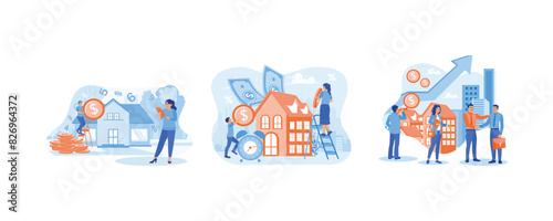Investment and financial literacy. People invests money to buy a house. Increase in housing prices. Real estate investment concept. Set flat vector illustration.