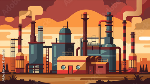 An aging rusting refinery used in the early days of petroleum jelly manufacturing now rep by modern stateoftheart facilities.. Vector illustration