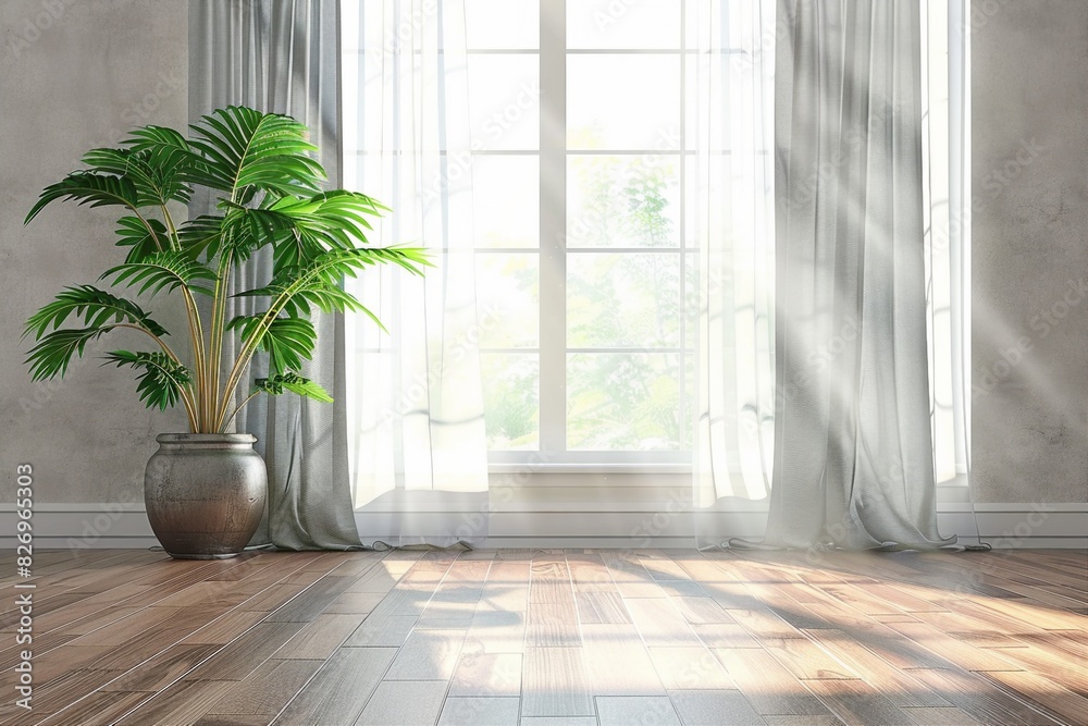 modern room with curtains and plant interior design. 3D illustration. generative ai. modern room with curtains and plant interior design. 3D illustration. generative ai.