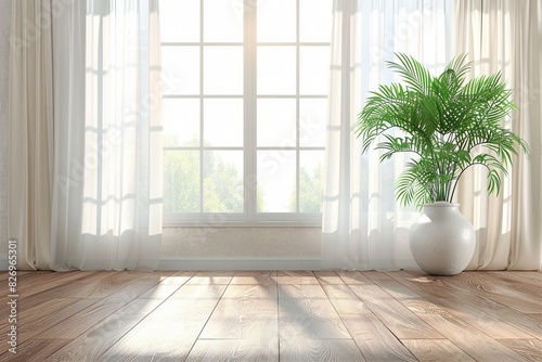 modern room with curtains and plant interior design. 3D illustration. generative ai.