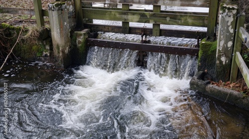 A wooden sluice gate diverting water into the mills waterwheel. photo