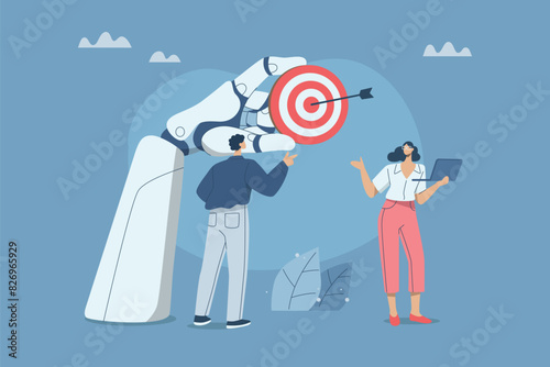 Collaboration of personnel with artificial intelligence or AI, Setting important goals with business support with AI, Business team working with a robot arm holding a target, Vector illustration.