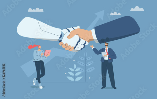 Ai robot and human shaking hands, Businessman and robot engaging in a handshake, Cooperation between business people artificial intelligence robots, Human expertise and technological progress.