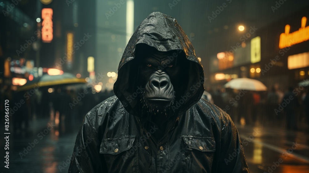 Anthropomorphic gorilla monkey wearing a green hoodie in downtown city street Anthropomorphic gorilla monkey wearing a green hoodie in downtown city street
