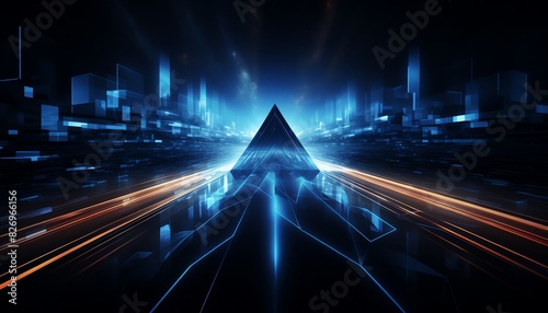 Blue lines converging, tech direction arrow, dark background, abstract concept photo