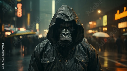 Anthropomorphic gorilla monkey wearing a green hoodie in downtown city street