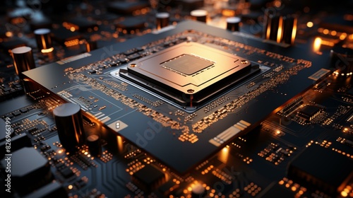 Computing processor, CPU, microchip and electronic circuit board. Advanced technology conceptual background 