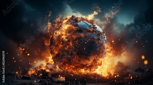Earth globe collapse  burning  destroyed by fire
