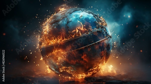Earth globe collapse, burning, destroyed by fire
