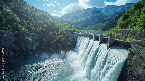 A wide-angle view of an active dam with water gushing from below and bright sunlight illuminating the scene, showcasing energy production in high mountainous areas photo