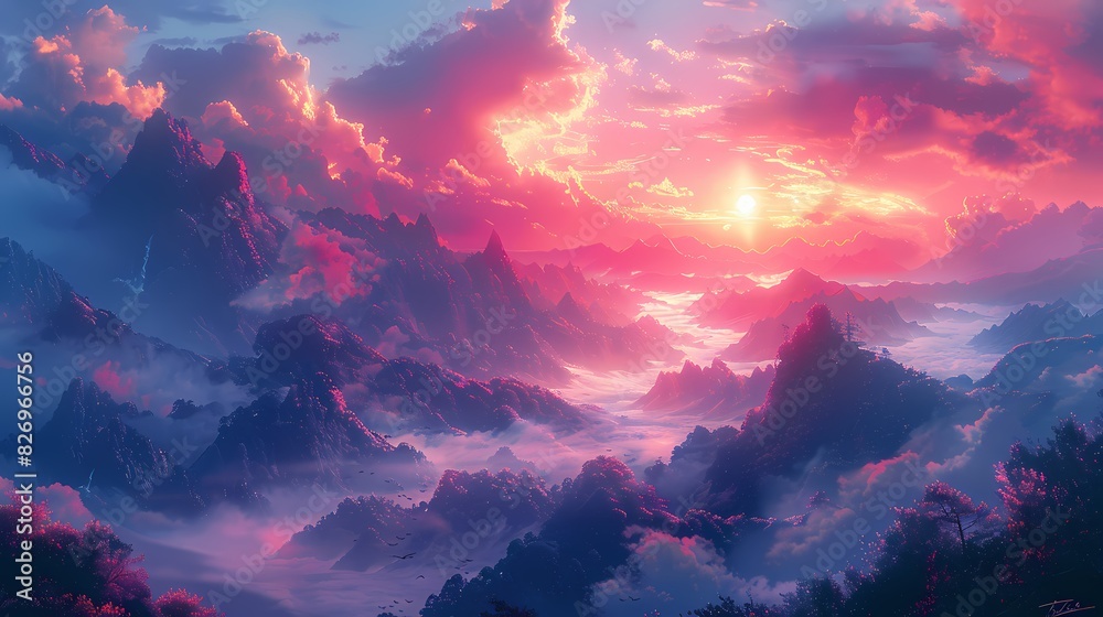 magical sunrise overmountain range, where the sky is painted with soft fluffy hues of pink and lavender magical sunrise overmountain range, where the sky is painted with soft fluffy hues of pink and lavender