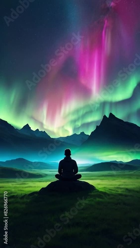 Silhouette of a man doing yoga meditation on rocks watching mesmerizing aurora in the sky, man mountains green purple vibrant aurora